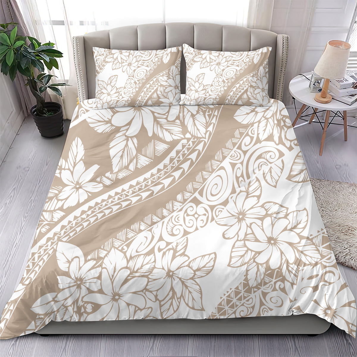 Beige and white duvet set with tropical floral and geometric pattern plus two pillows