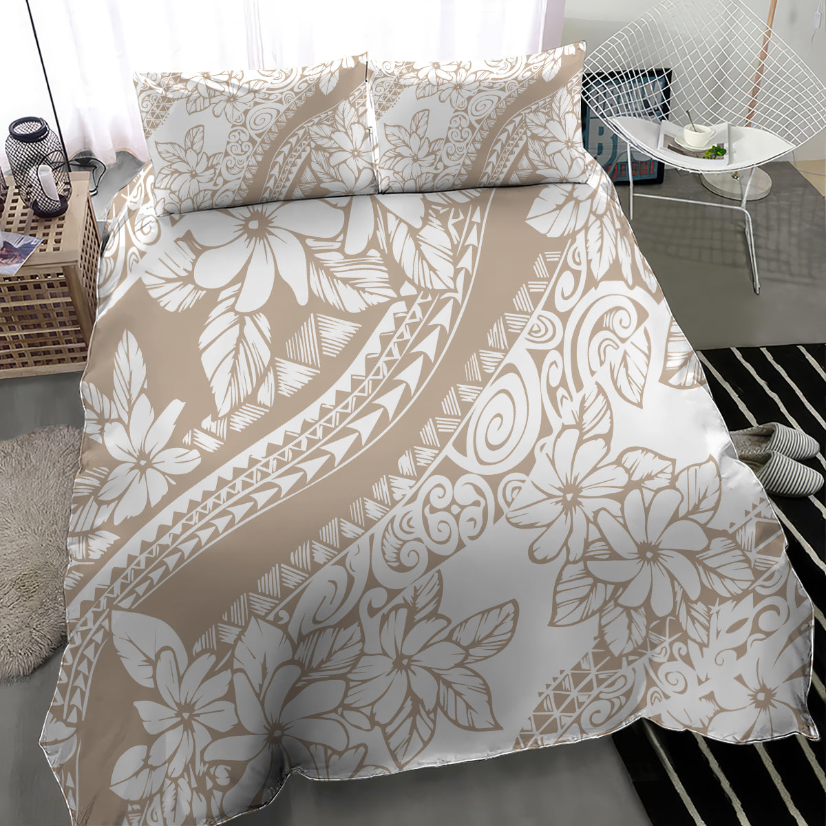 Beige and white tropical duvet set with floral and geometric print, includes two pillows