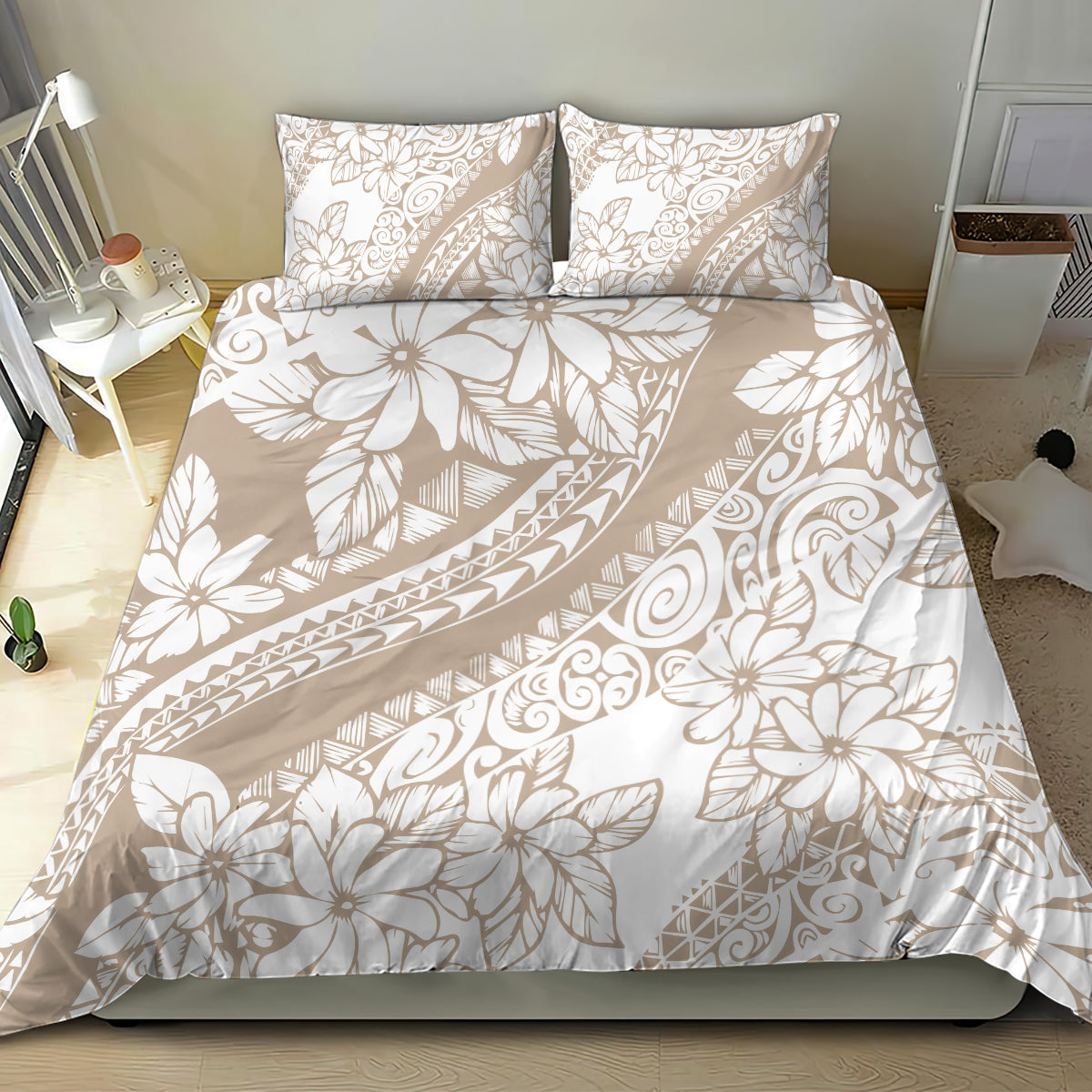 Beige and white tropical floral duvet set with two coordinating pillowcases