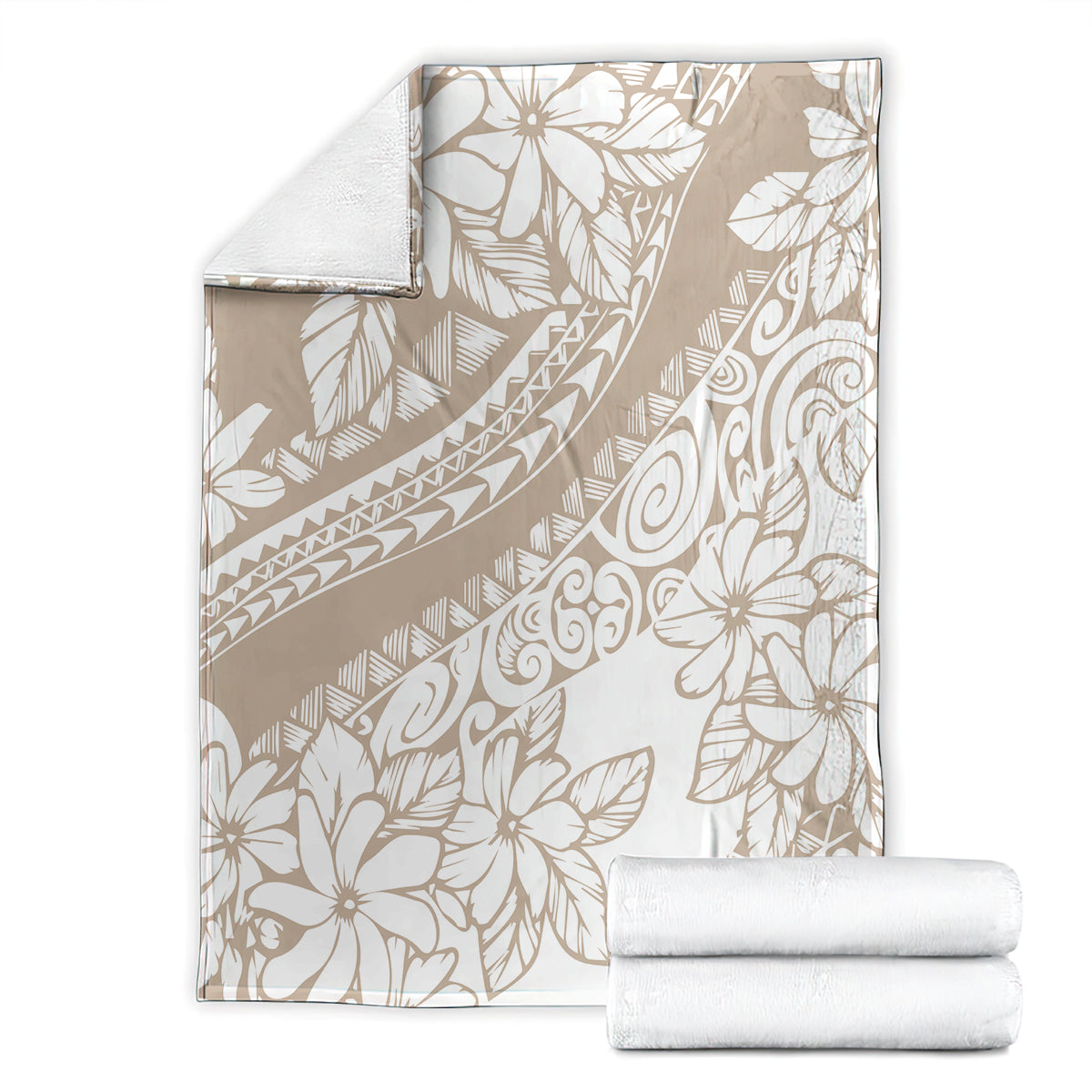 Beige and white tropical floral print blanket with matching folded set