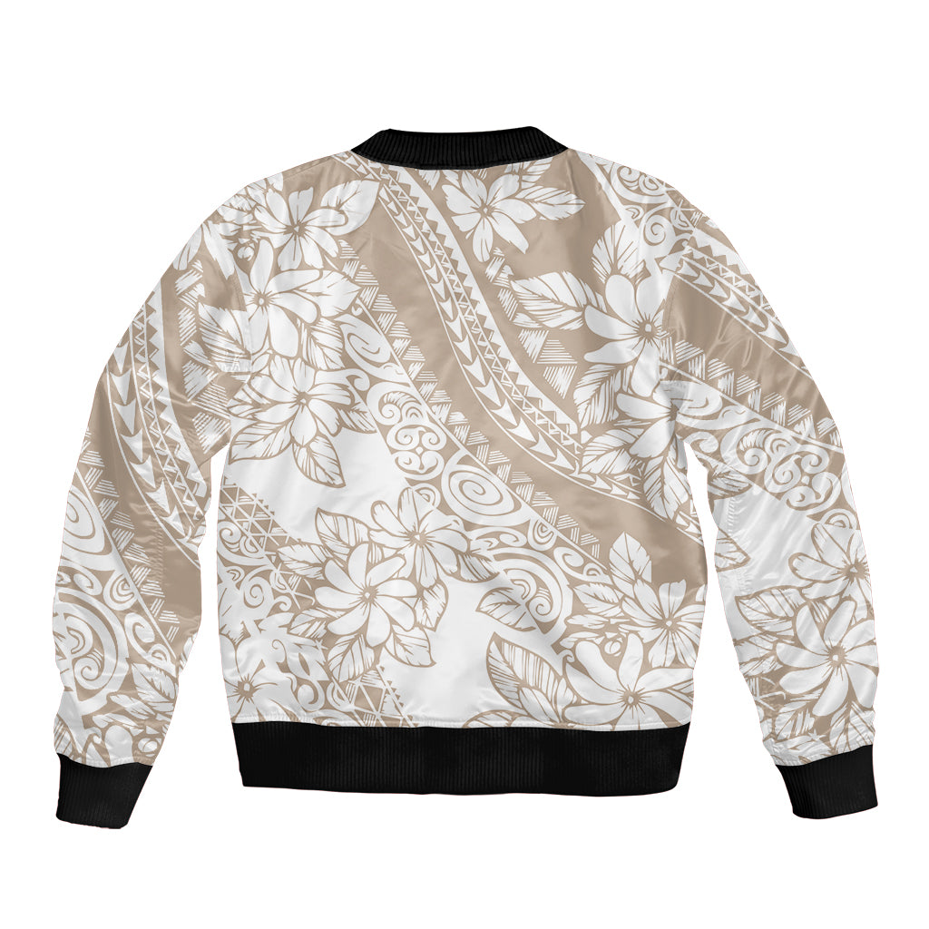 Beige bomber jacket with white floral and leaf print, ribbed collar, cuffs, and hem