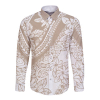 Beige long-sleeve button shirt with tropical floral abstract print