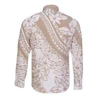 Beige long-sleeve button shirt, back view, tropical floral abstract print