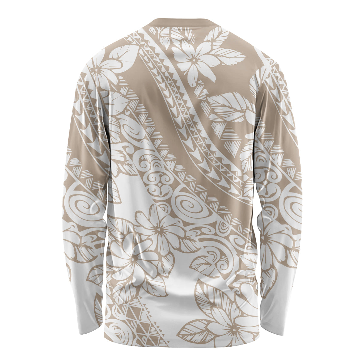 Beige long-sleeve shirt with tropical floral and geometric pattern, back view