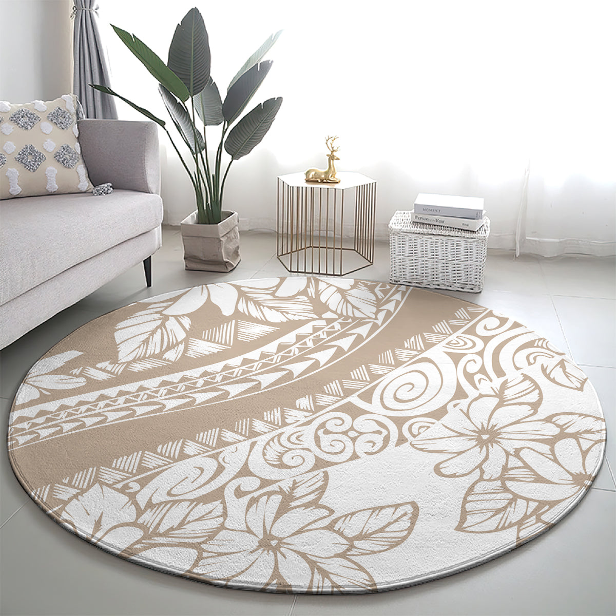 Round area rug with beige base and white floral scroll design
