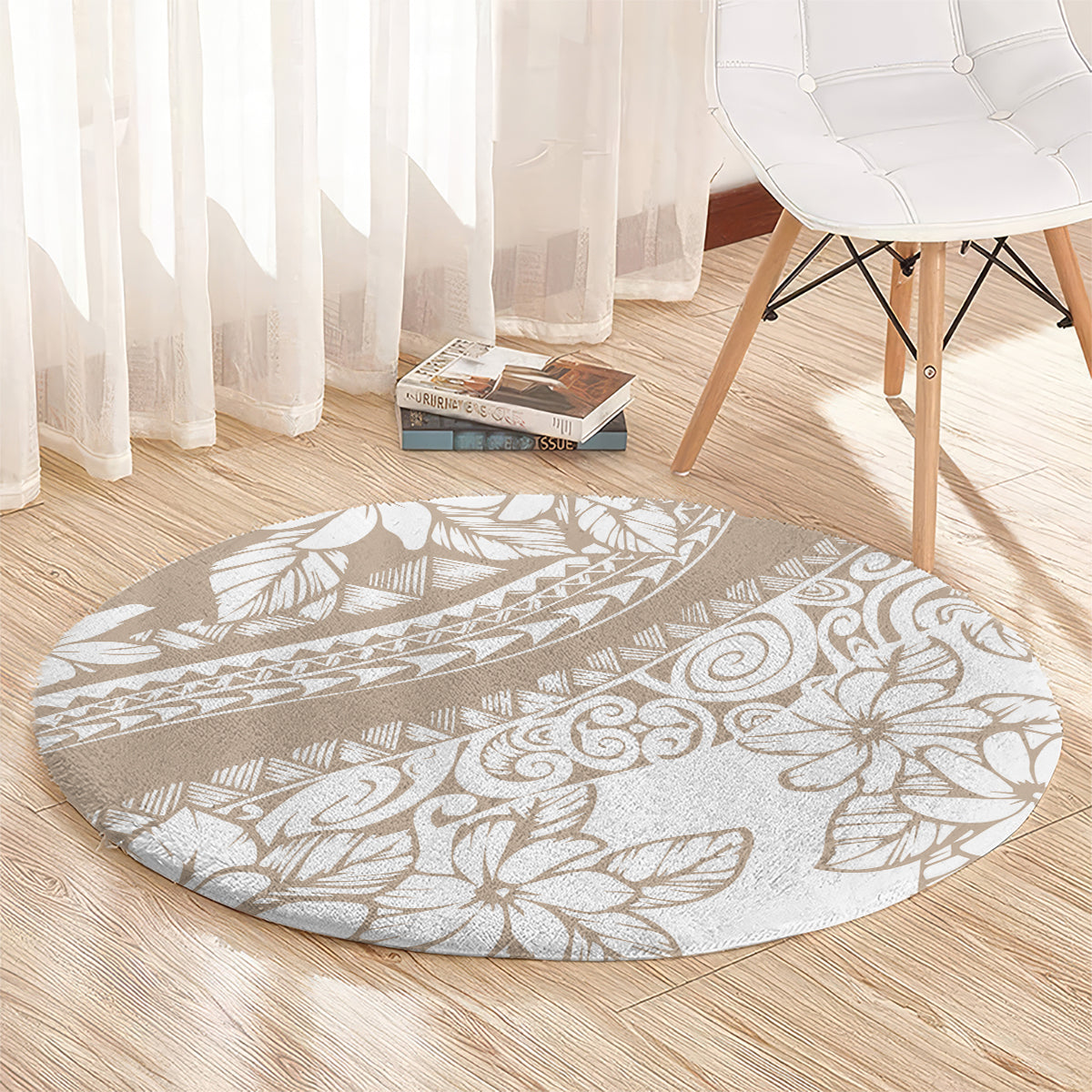 Round area rug with beige ground and white tropical leaf and flower outline