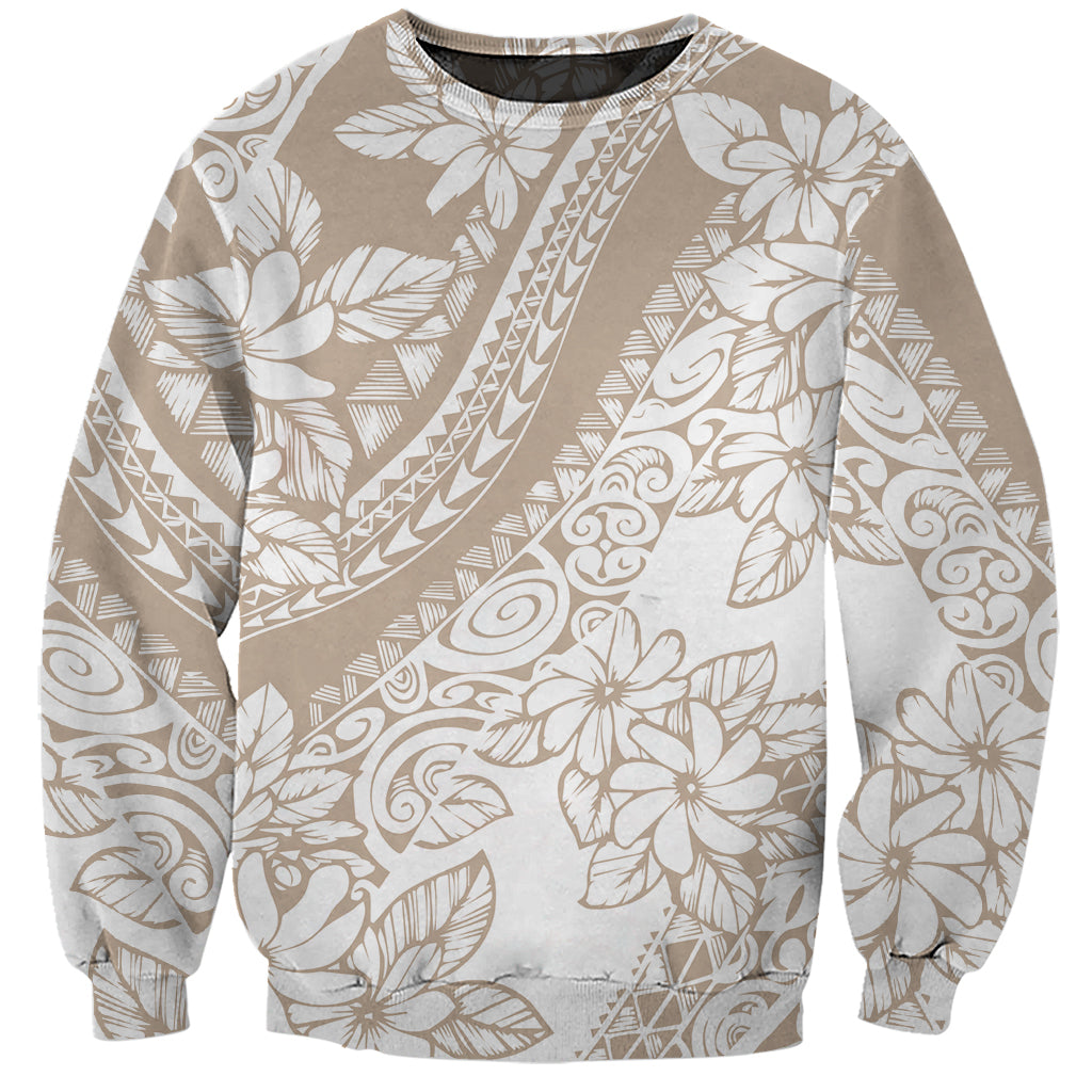 Beige crewneck sweatshirt with white tropical flower and leaf print, long sleeves