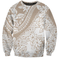 Beige crewneck sweatshirt with white tropical flower and leaf print, long sleeves