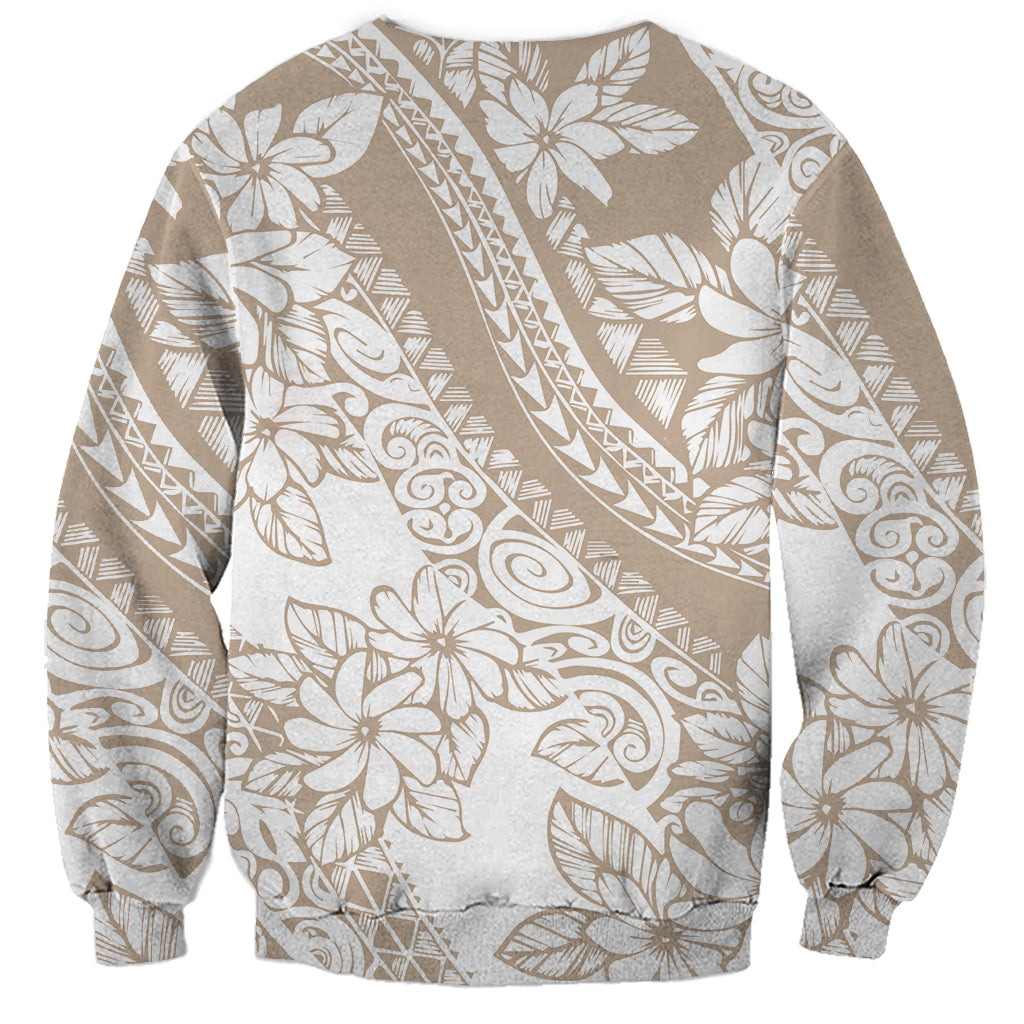 Beige sweatshirt with white tropical floral and leaf pattern, crewneck, long sleeves