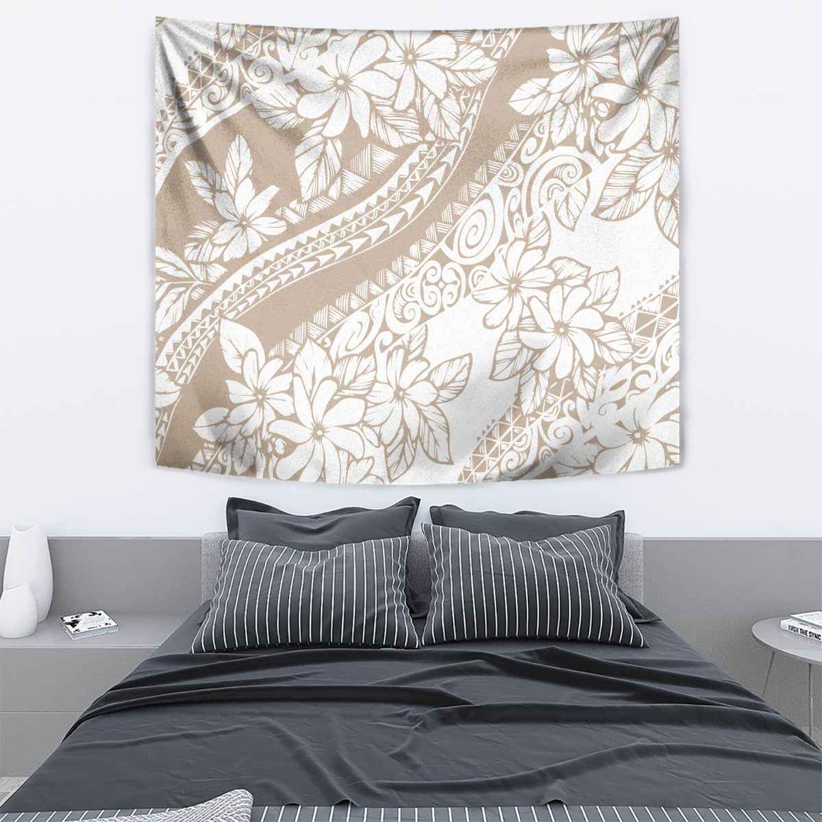 Beige tropical flower wall tapestry with white foliage, geometric spirals, and borders