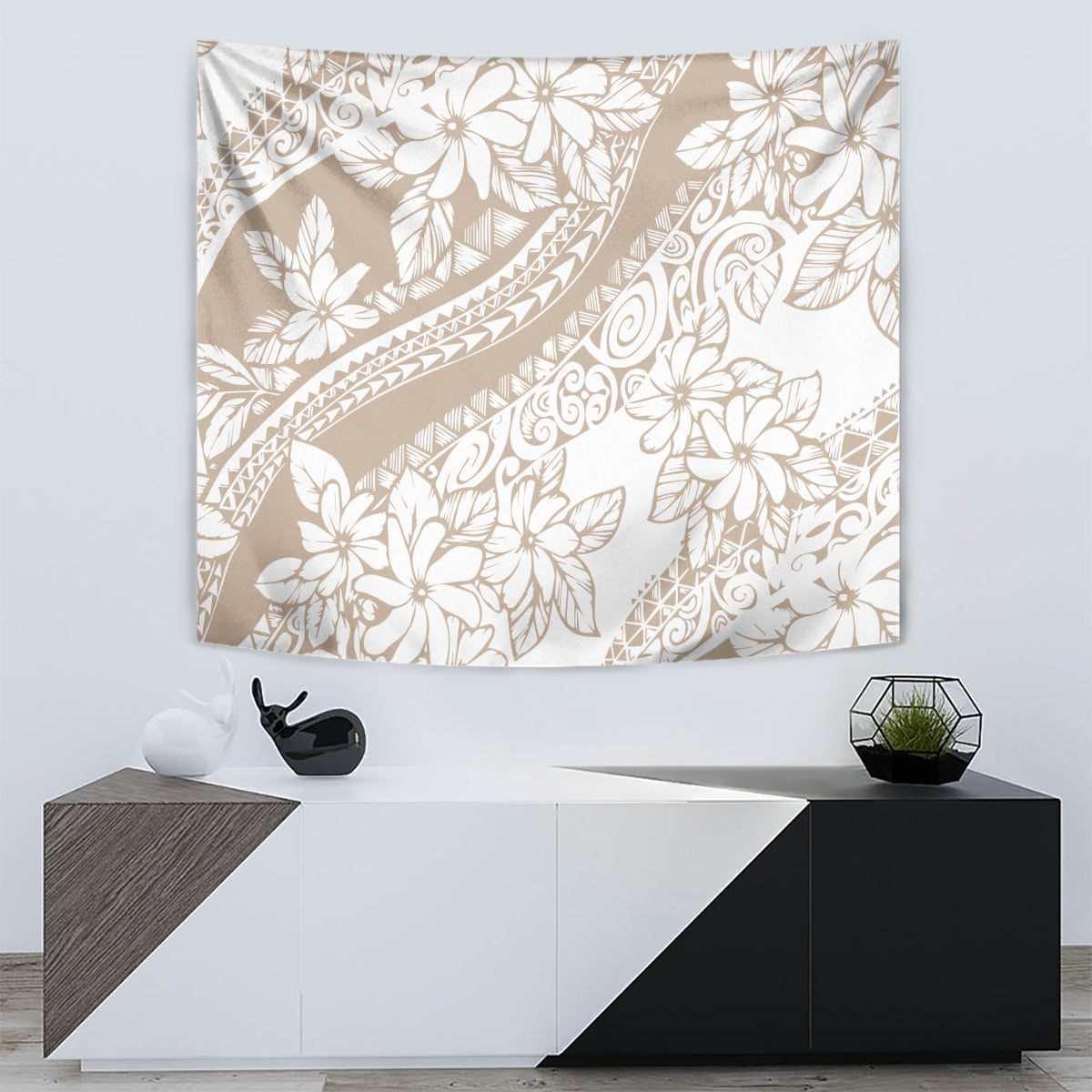 Beige and white tropical flower tapestry with diagonal geometric band and swirl accents