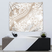Beige and white tropical flower tapestry with diagonal geometric band and swirl accents