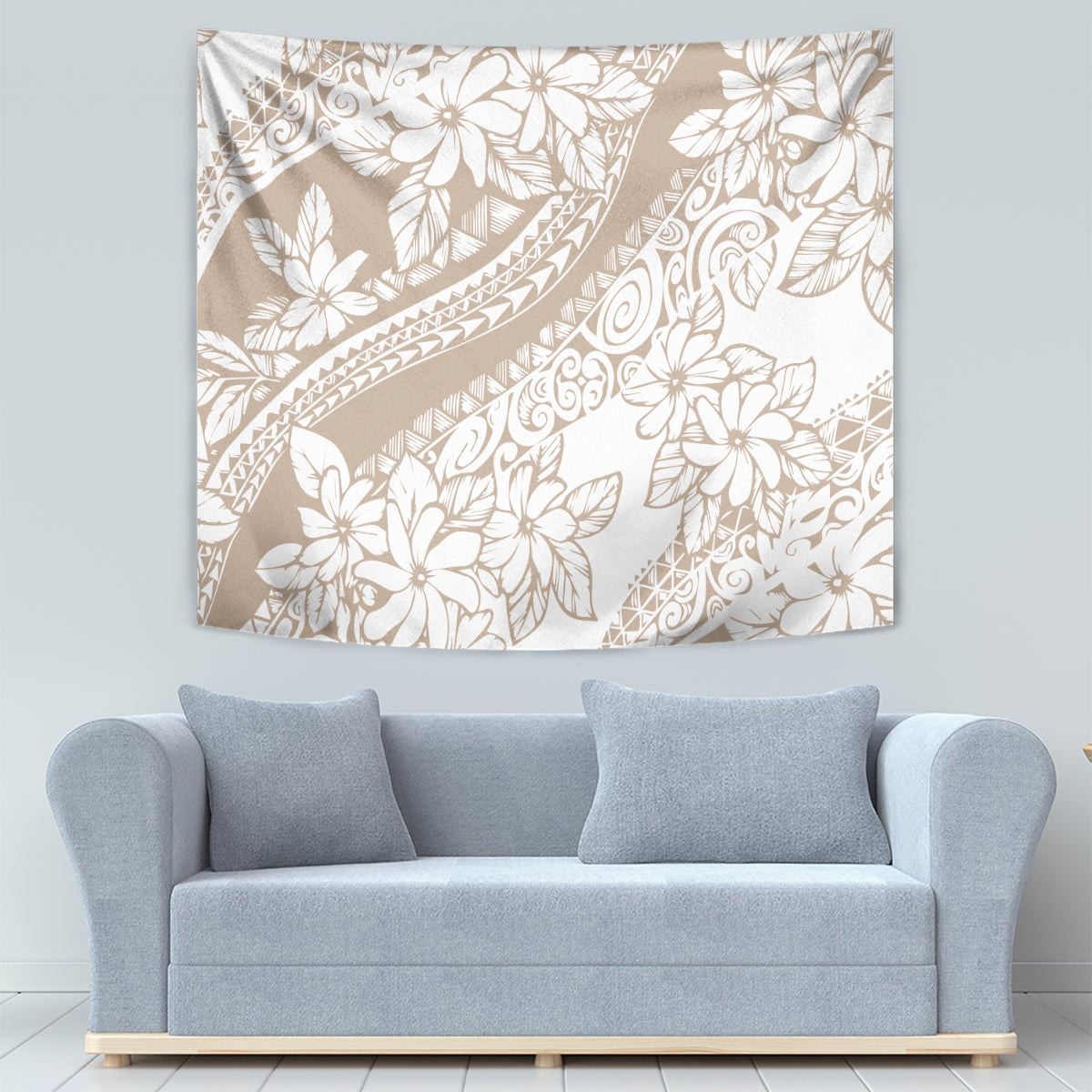 Beige tropical floral wall tapestry with white blossoms, vines, and ornate curved stripes
