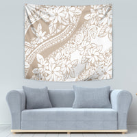 Beige tropical floral wall tapestry with white blossoms, vines, and ornate curved stripes