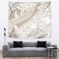Beige tropical flower wall tapestry featuring white blossoms, leaves, and spiral motif lines
