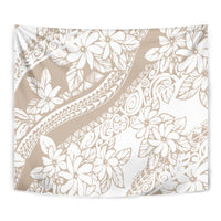 Beige tropical flower tapestry close-up with white blossoms, leaves, and swirl pattern