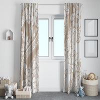 Pair of beige window curtains with tropical leaf and flower motifs, fully open