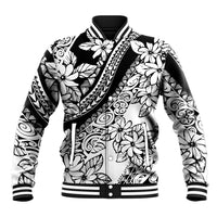 Black baseball jacket with white floral and tribal pattern, striped rib trim and snap front