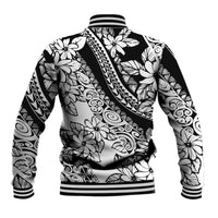 Black baseball jacket with white floral tropical print, ribbed striped collar, cuffs, and hem