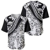 Baseball jerseys showing front and side/back views in black and white tropical floral print