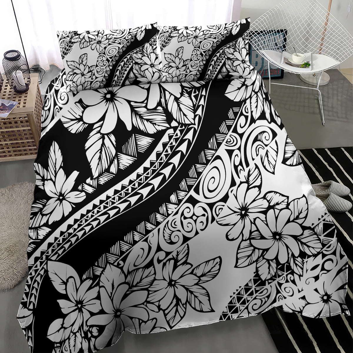 Black-and-white tropical floral duvet bedding set with tribal wave and swirl motifs
