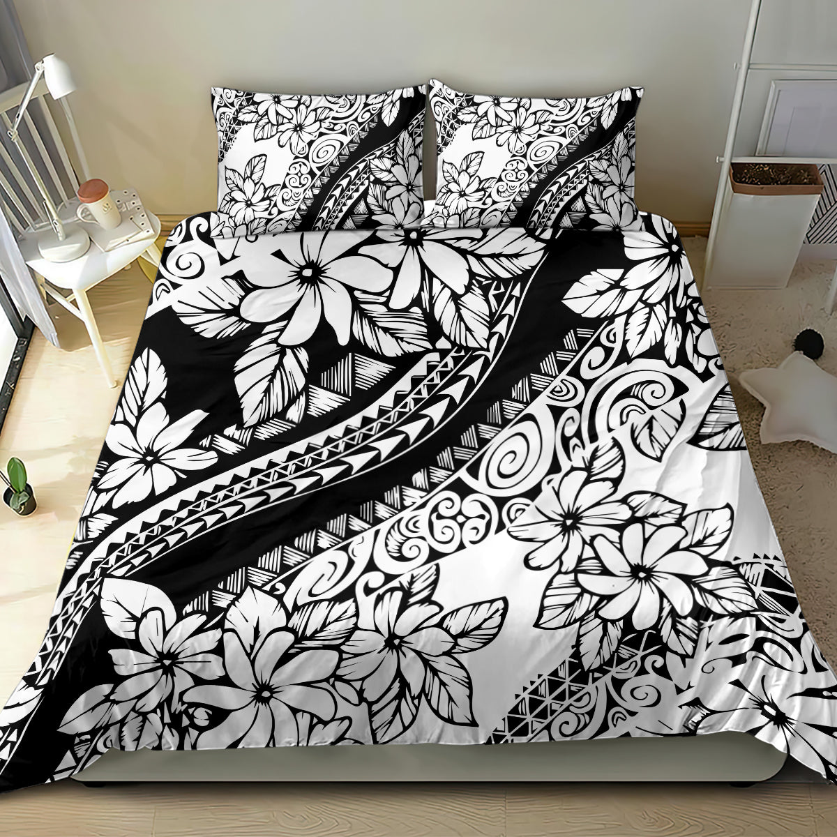 Black-and-white floral bedding set with two pillowcases, tribal stripe and swirl motifs