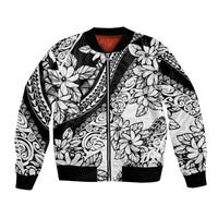 Black bomber jacket with white floral and tribal swirl print, ribbed cuffs and hem