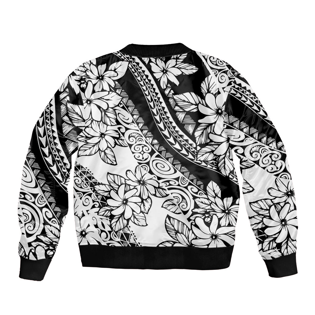 Black bomber jacket with white floral and geometric swirls, ribbed collar and cuffs