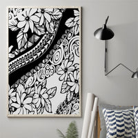 Framed canvas wall art: black tribal swirls and white tropical flowers on light background