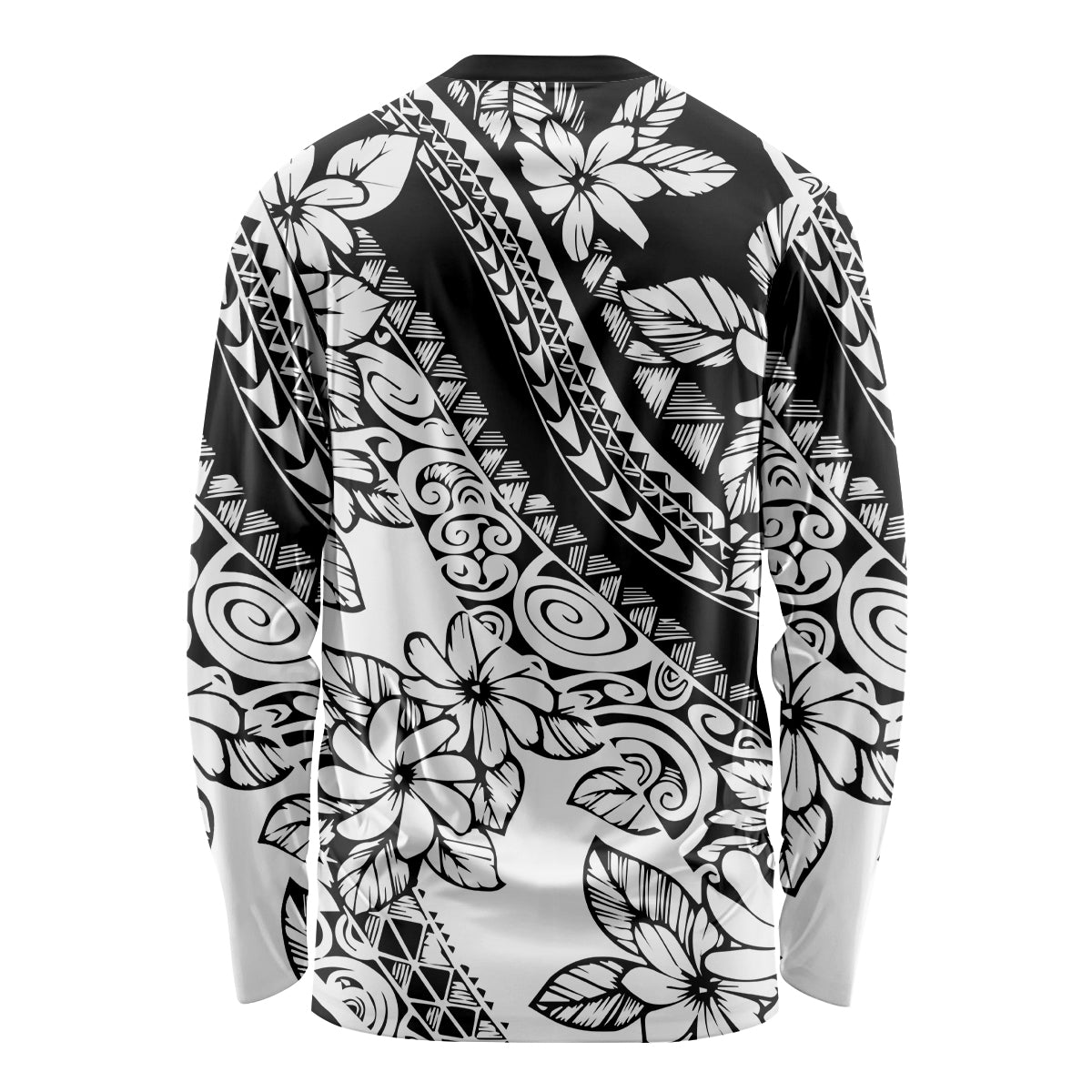 Black long-sleeve shirt with white floral and tribal motif print, crew neck, long sleeves