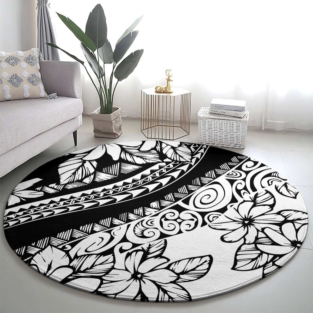 Black round carpet with bold white hibiscus-style flowers, swirls, and tribal motifs