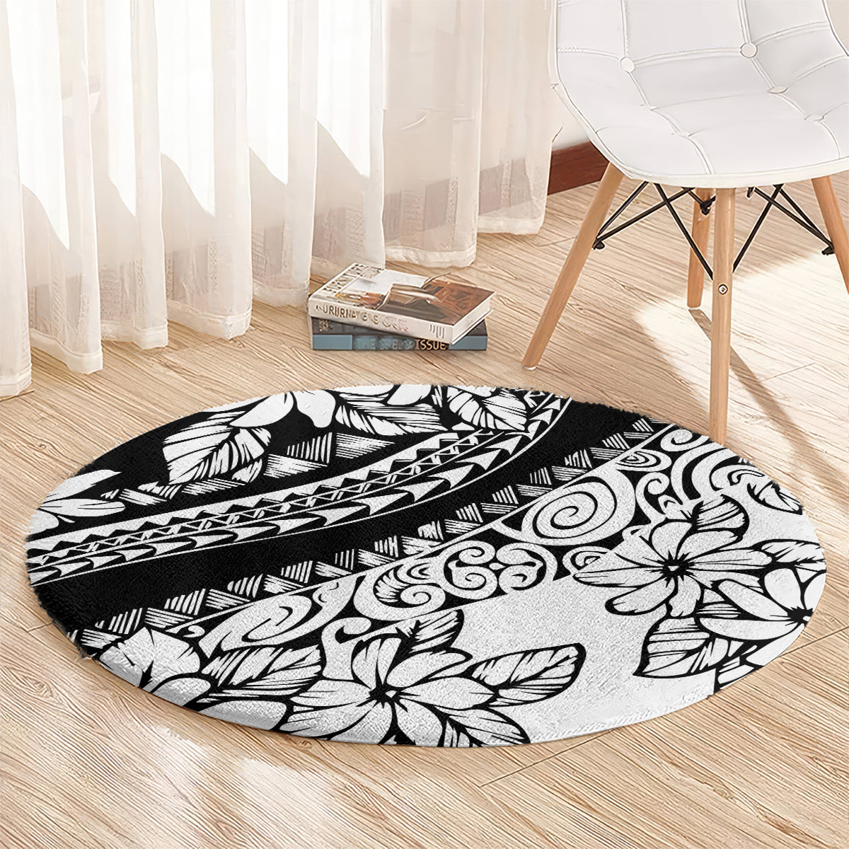 Black round carpet with white floral and tribal designs, clean curved edge