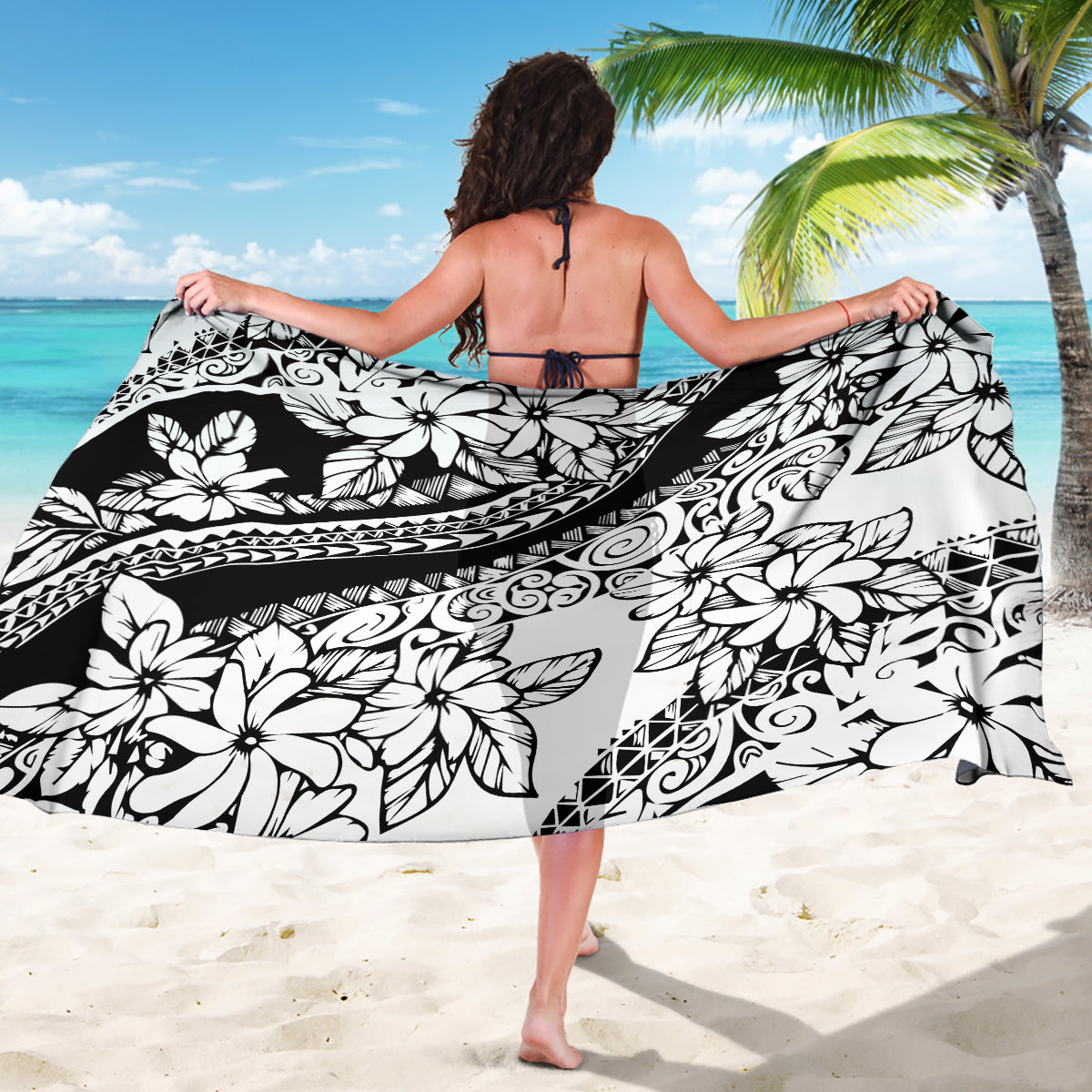 Black and white floral tribal print sarong, open back drape wrap view