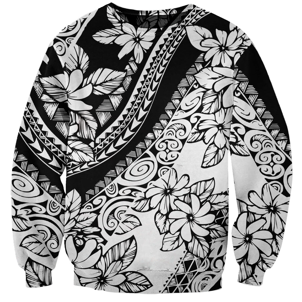 Unisex black sweatshirt with white tropical floral and tribal pattern graphic, crew neck