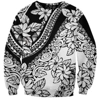 Unisex black sweatshirt with white tropical floral and tribal pattern graphic, crew neck