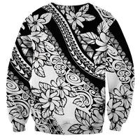 Unisex black sweatshirt with large white tropical flowers and tribal stripe pattern