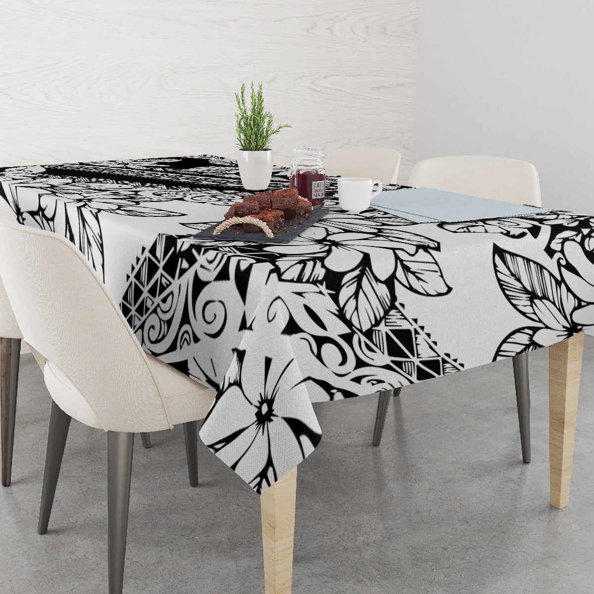 Rectangular tropical floral tablecloth with black geometric motifs