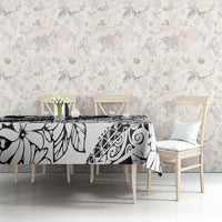 Black-and-white floral tablecloth with graphic leaves pattern