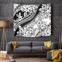 Black and white tropical flower tapestry with curved band and leafy patterns