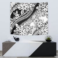 Black and white tropical floral tapestry with swirl designs and patterned banding