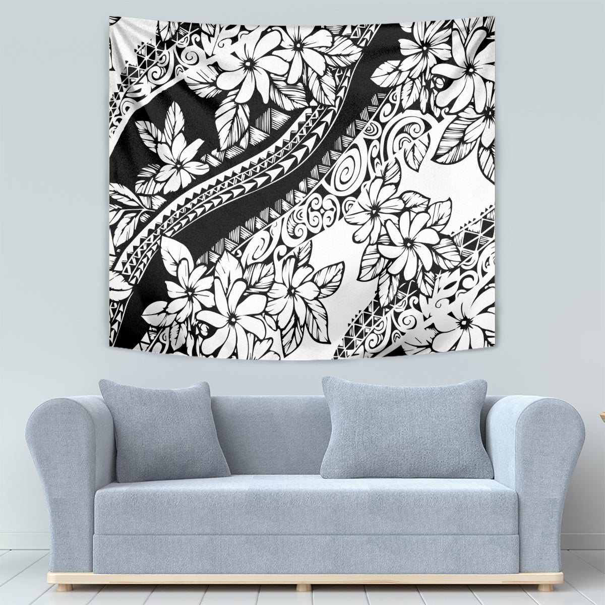 Black-and-white flower tapestry with bold curved stripe and detailed vine motifs
