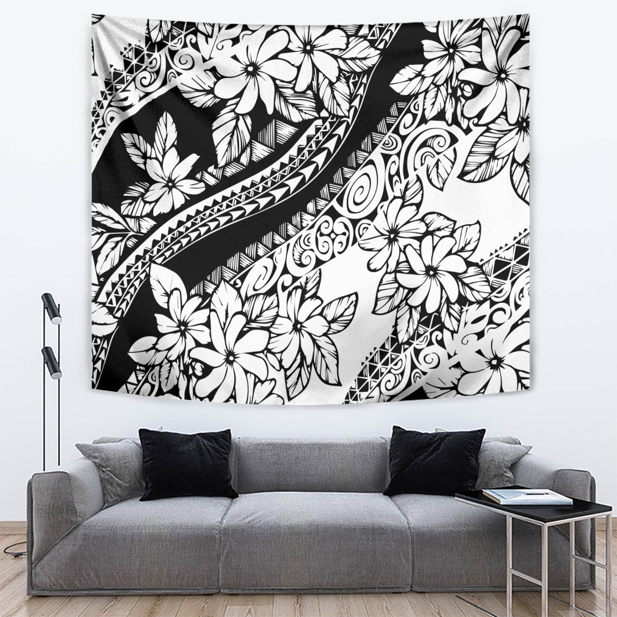 Black and white floral wall tapestry with decorative swirls and leaf-and-flower layout