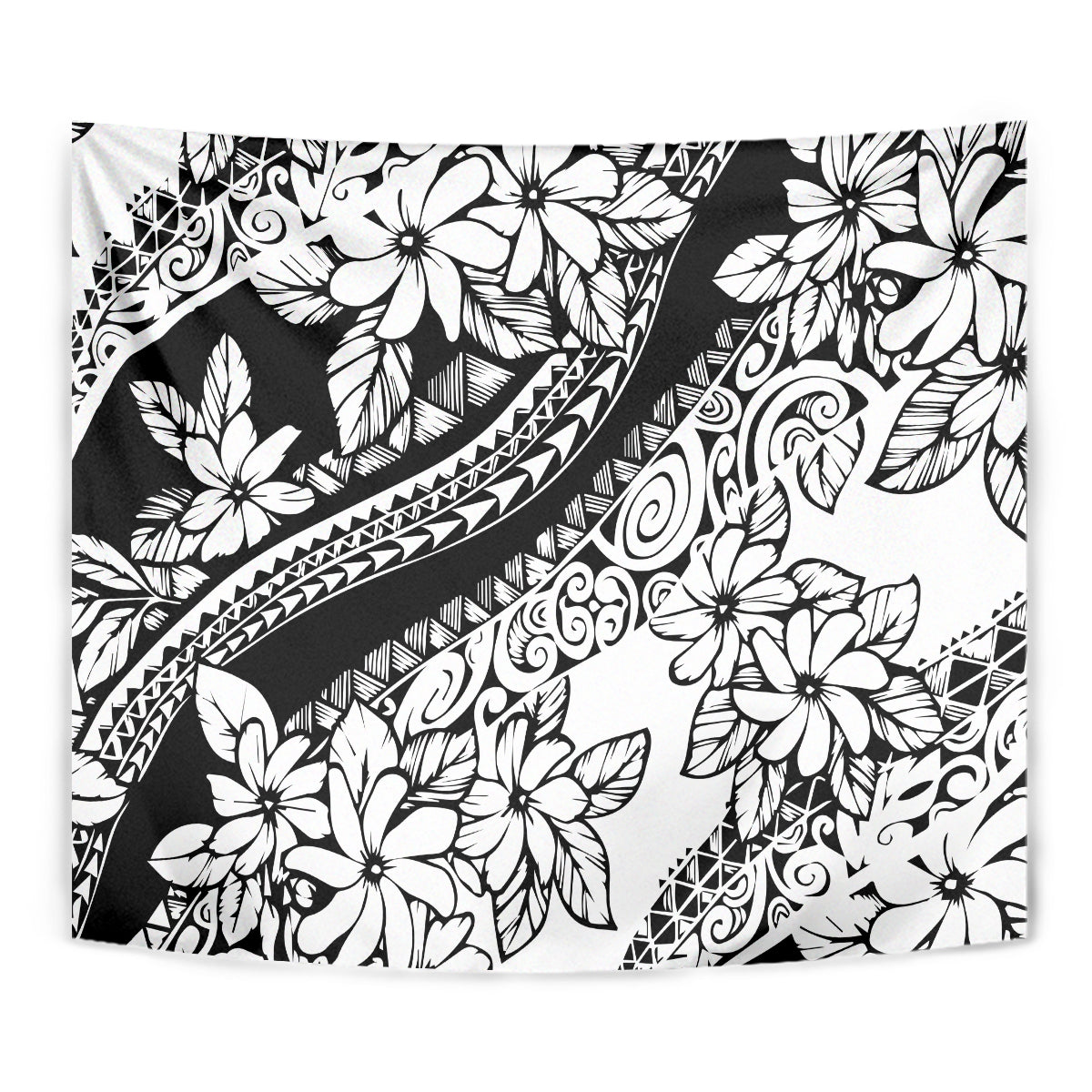 Black and white tropical flowers tapestry with intricate geometric swirls and leaves