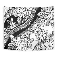 Black and white tropical flowers tapestry with intricate geometric swirls and leaves
