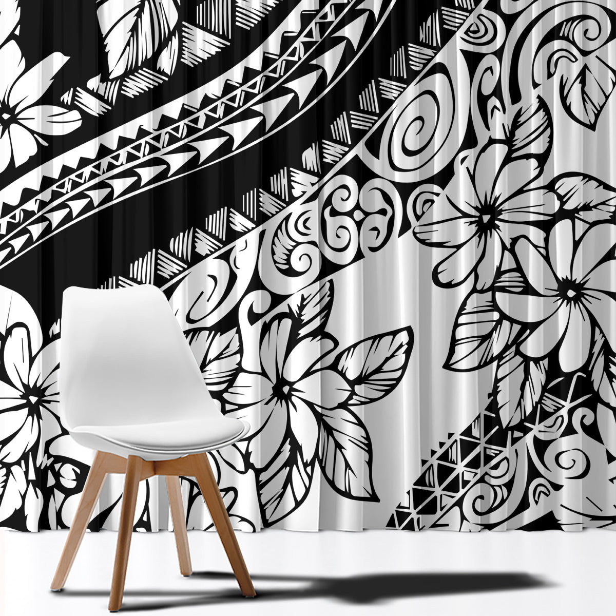 Black and white tropical floral window curtain fabric with detailed leaf, flower, and swirl print