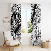 Black and white floral window curtain panels with bold leaf and geometric scroll pattern