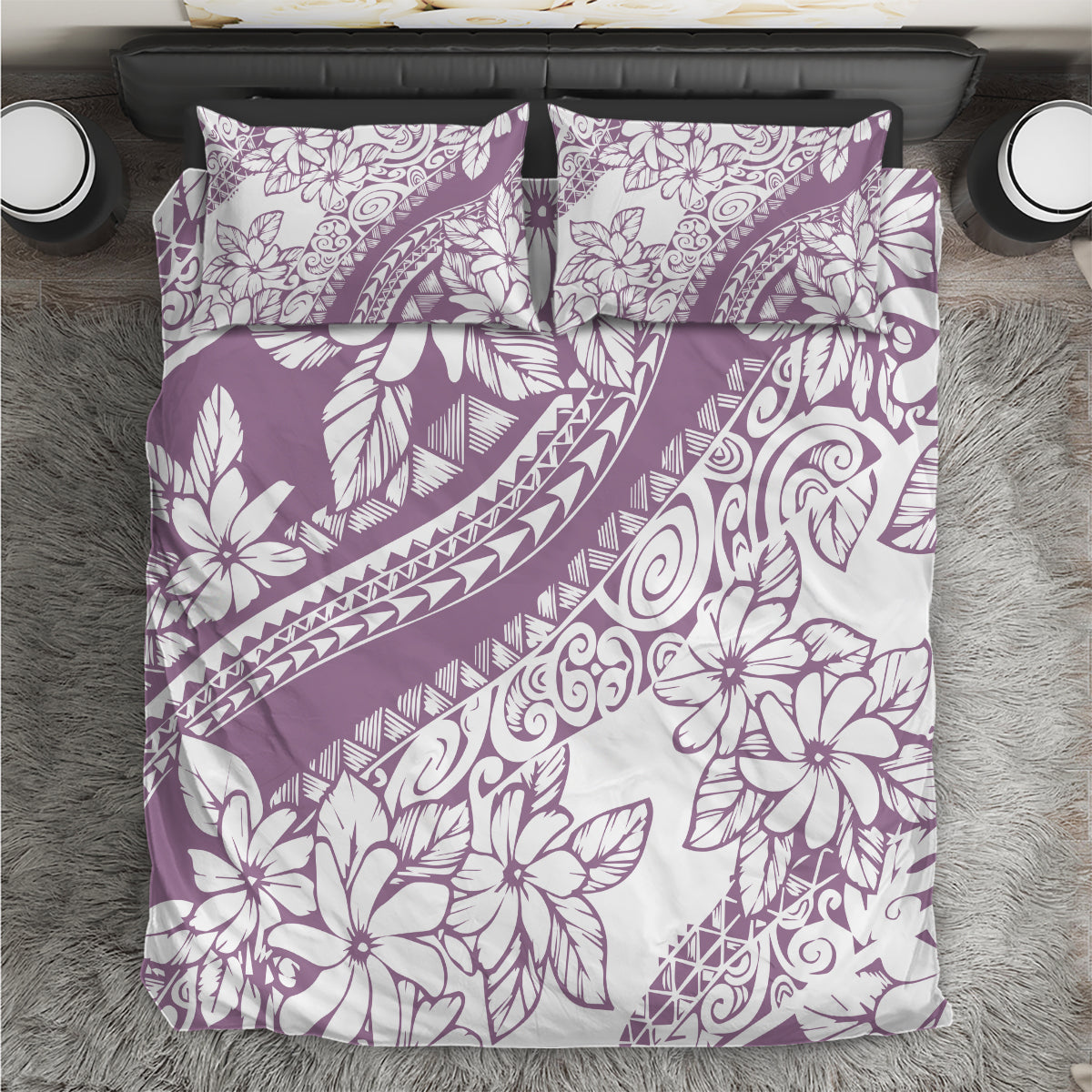 Purple floral bedding set with patterned duvet and two matching pillowcases