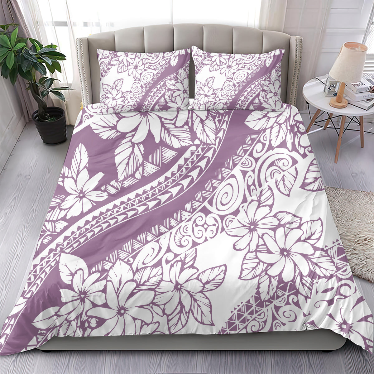 Purple tropical floral duvet cover bedding set with two matching decorative pillows