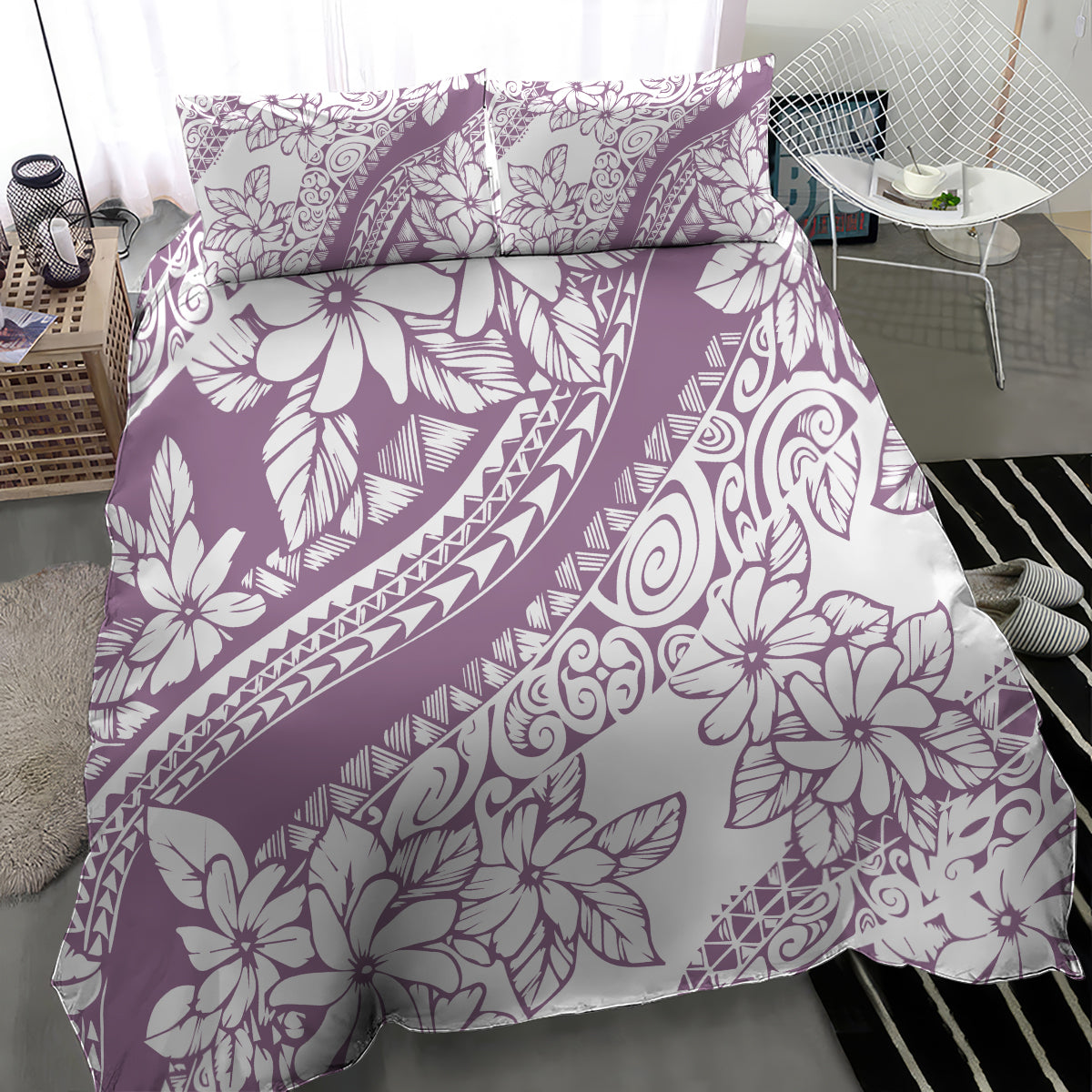 Purple patterned duvet with large tropical flowers and matching pillowcases