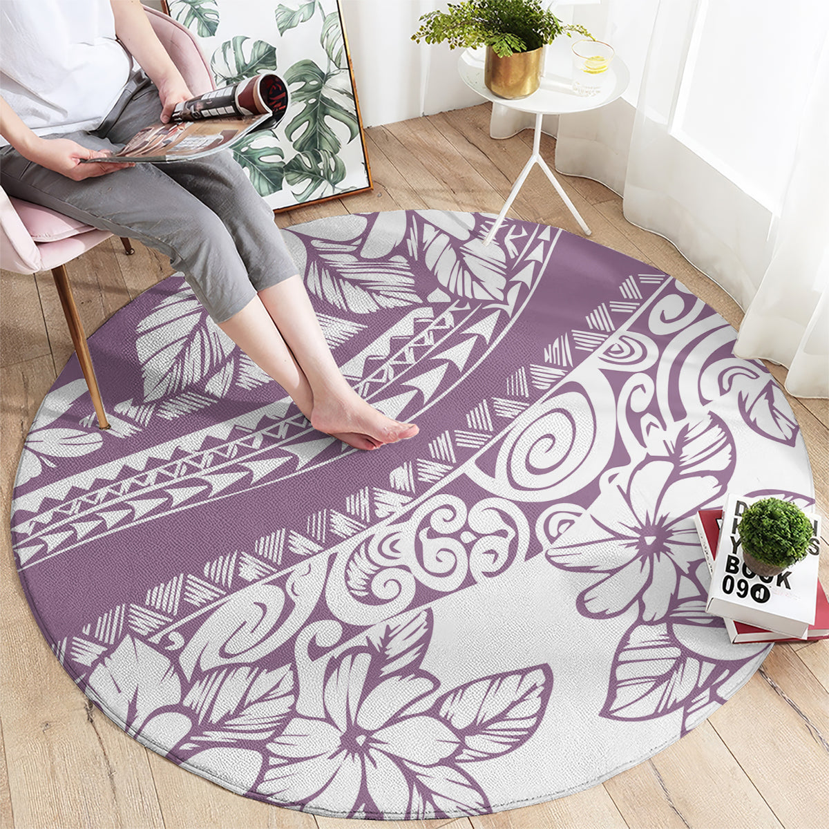 Purple circular rug with white floral and geometric leaf designs underfoot